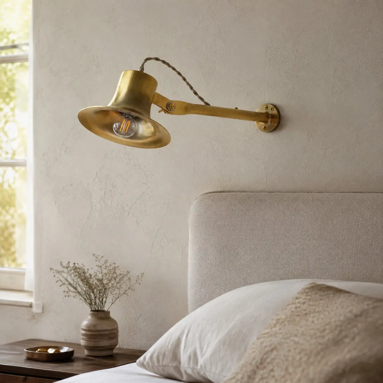 Matte brass wall light in a bedroom