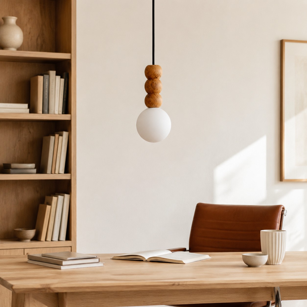 Wood bead globe pendant above a quiet home office desk