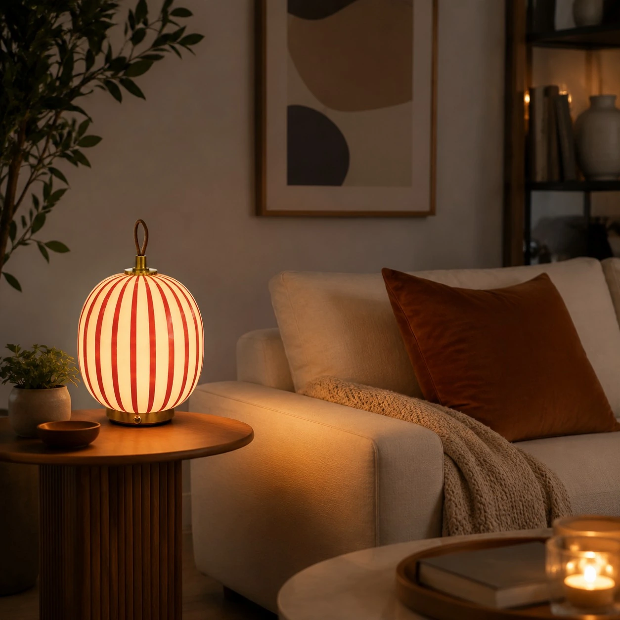 Red striped glass table lamp glowing in an evening interior