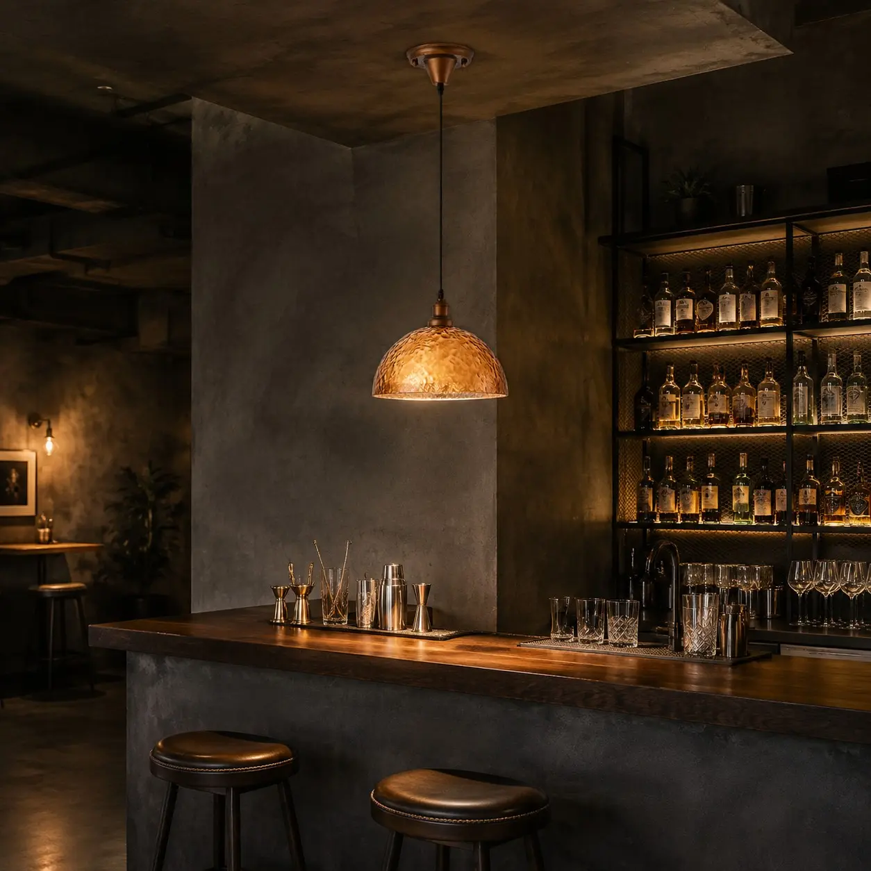 Amber pendant light above a home bar