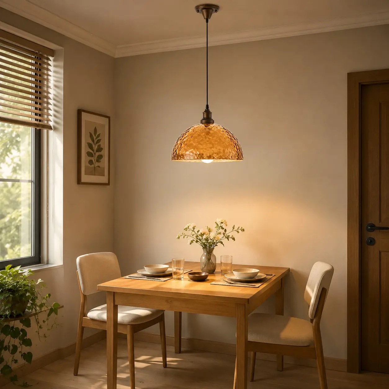 Amber pendant light above a dining table