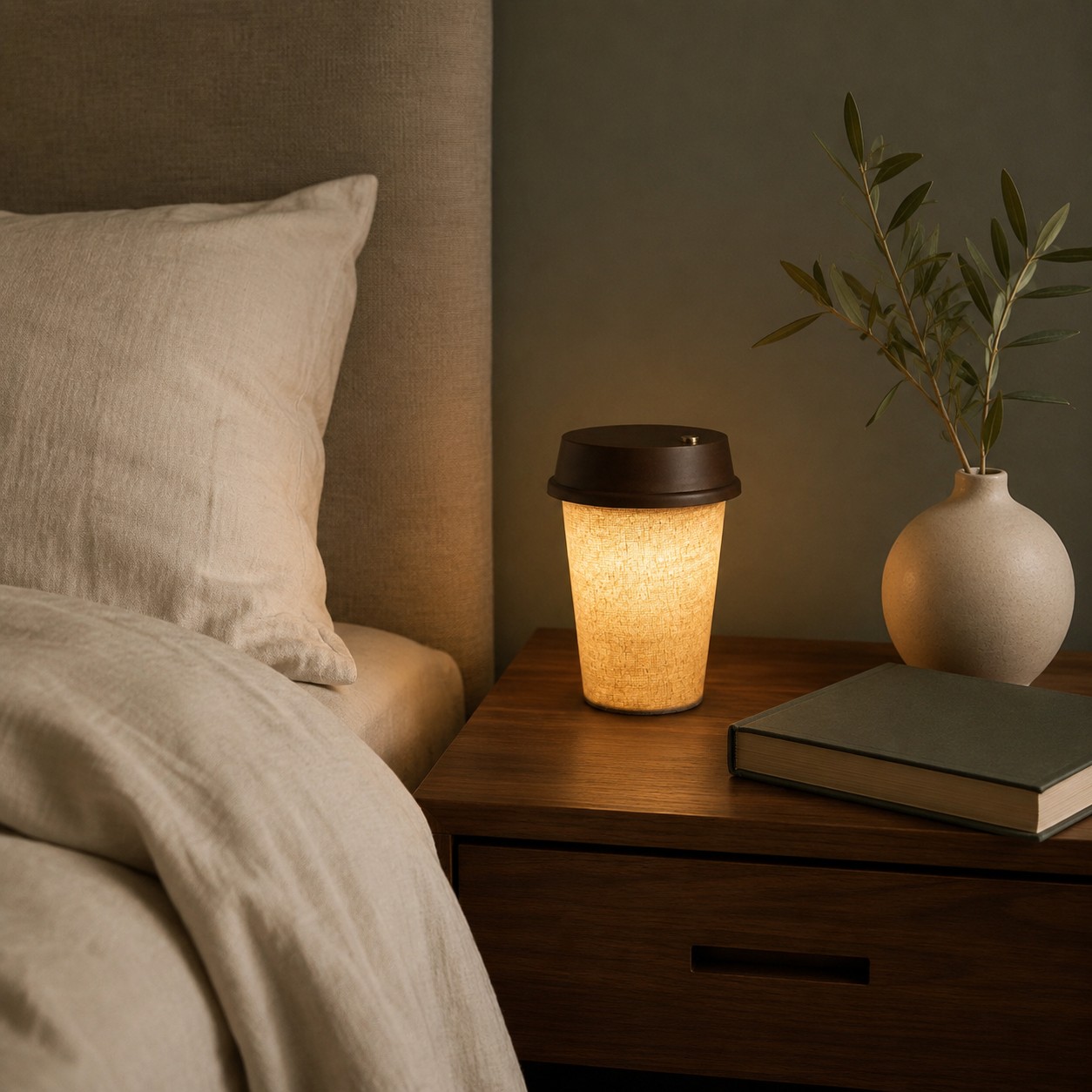 Rechargeable coffee-cup table lamp in a warm bedroom setting