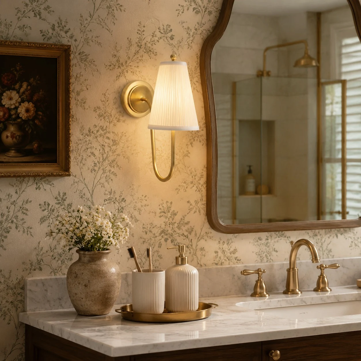Brass fabric wall sconce installed near a vanity mirror
