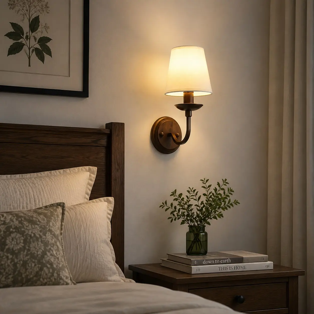 Warm bedside setting with an antique bronze wall sconce