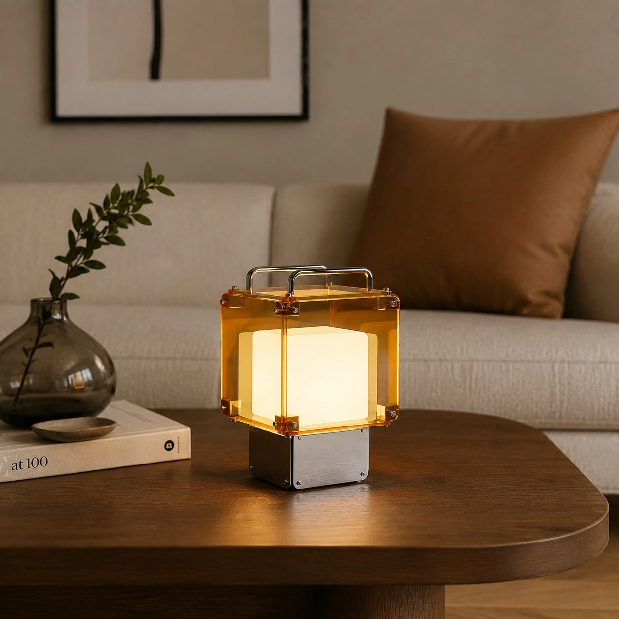 Rechargeable table lamp in a warm living room
