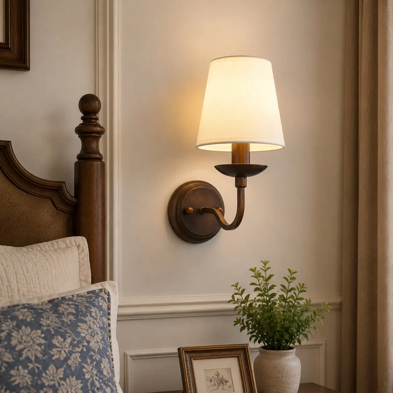 Antique bronze wall sconce installed beside a bed
