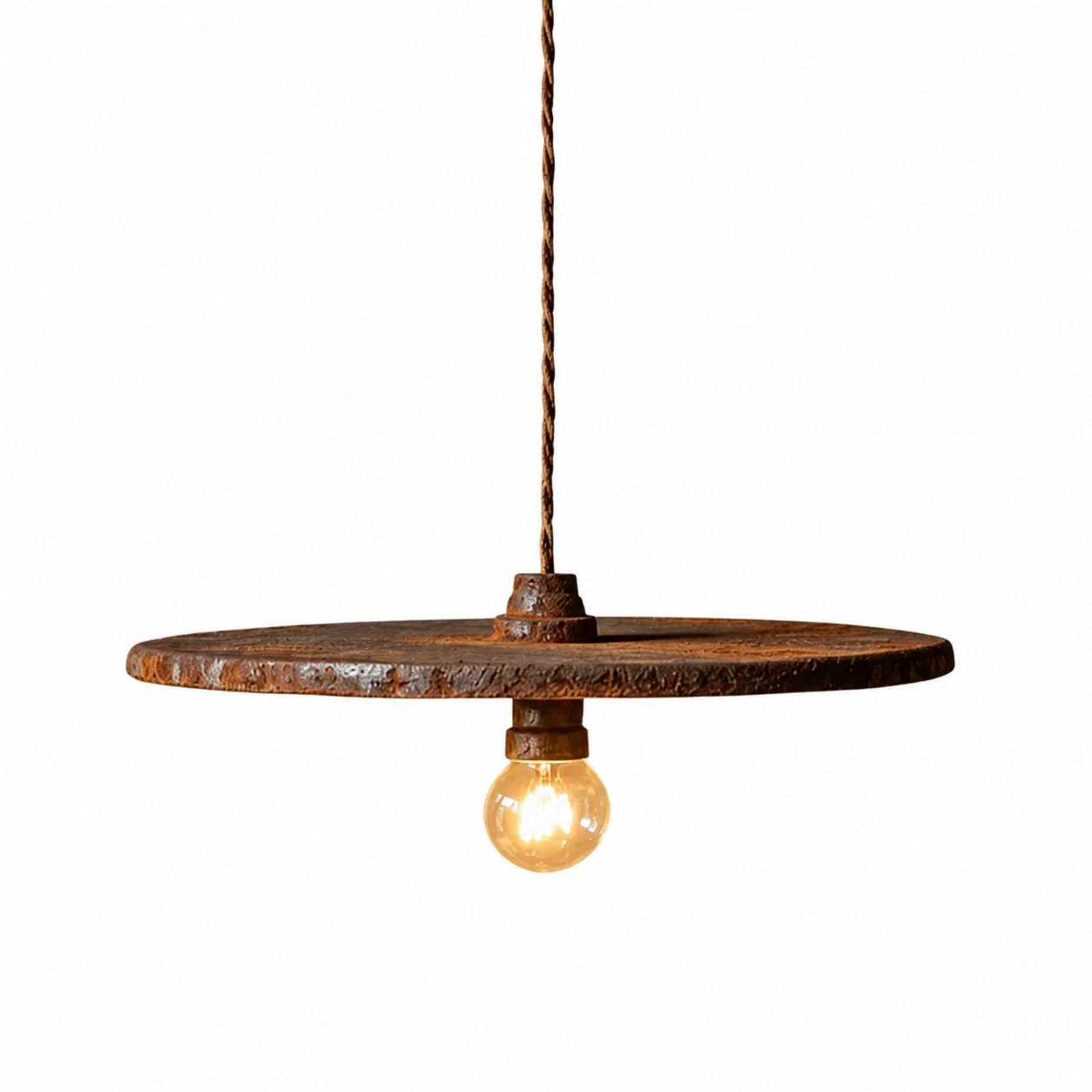 Rust brown iron pendant light shown with a display bulb
