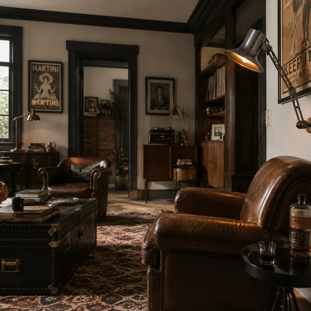 Matte Black folding wall lamp in a vintage reading room