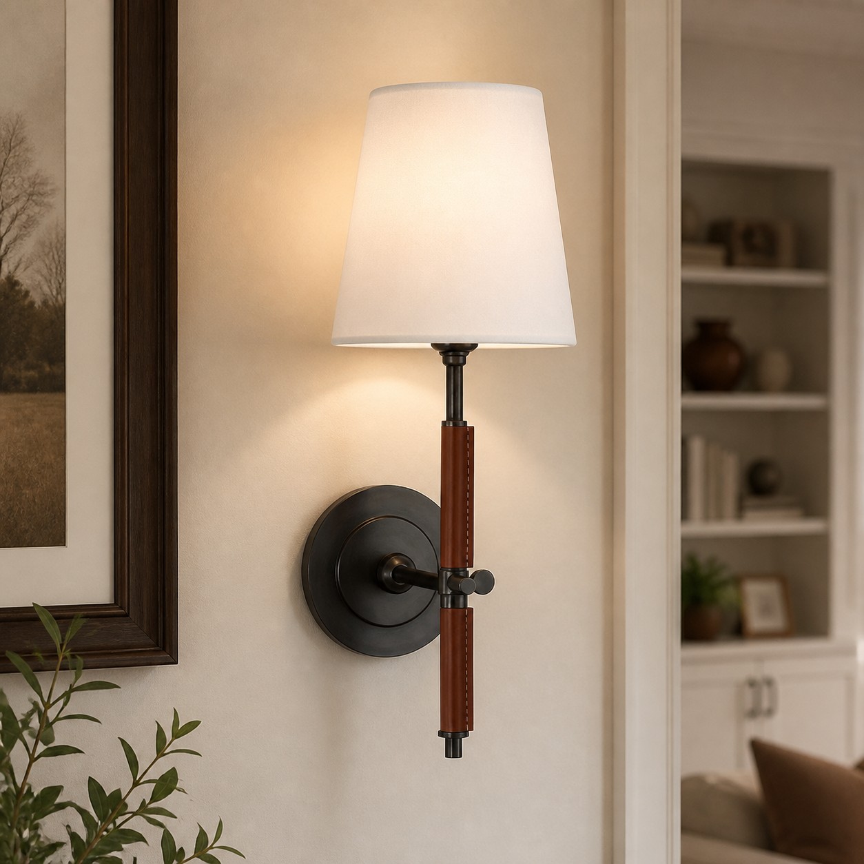 matte black leather wall sconce in a warm interior