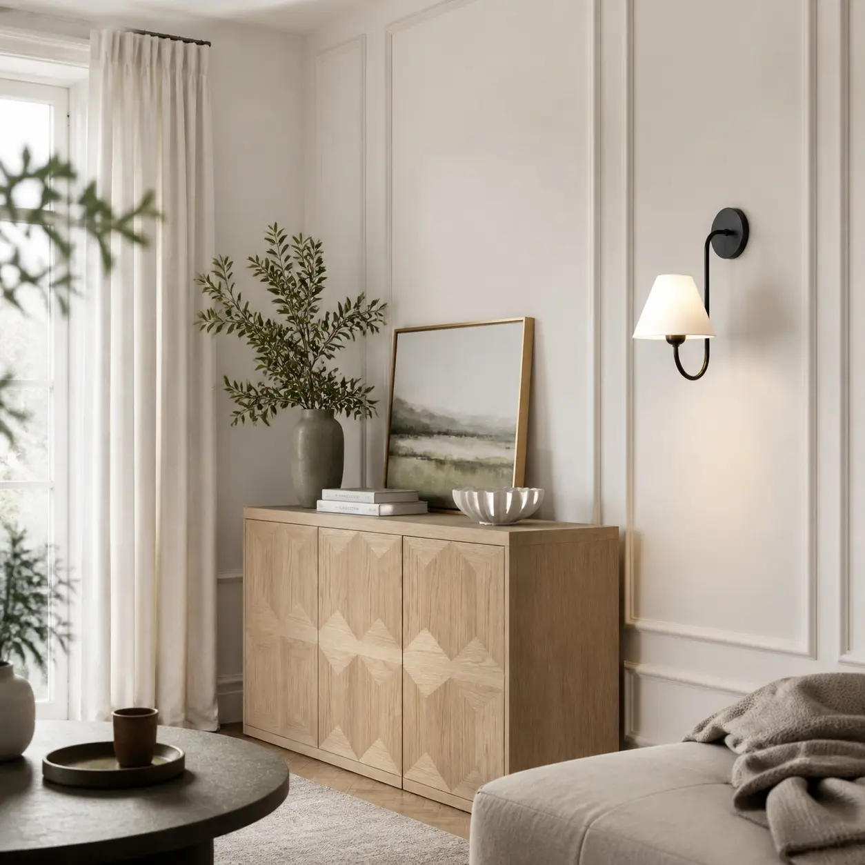 Black wall sconce installed in a living room