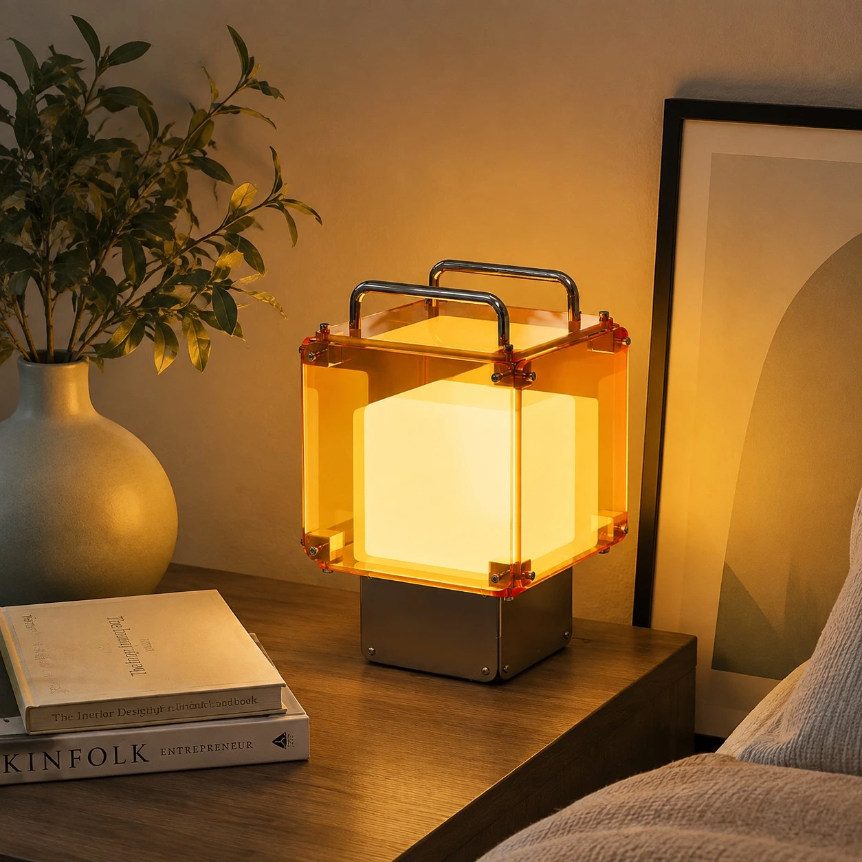 Rechargeable table lamp in a warm bedroom setting