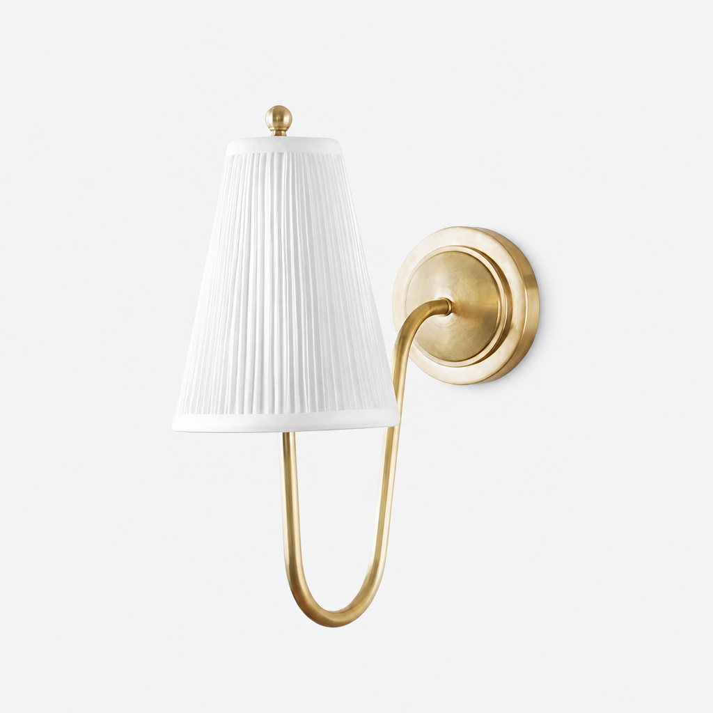 French brass fabric wall sconce with white pleated shade