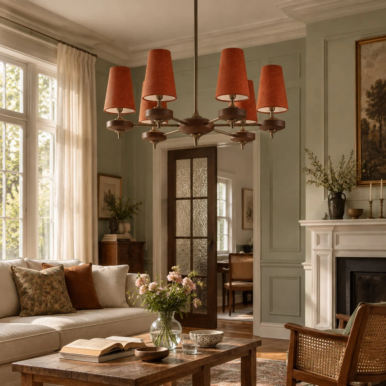 6-light Hour Rho chandelier in red velvet styled in a warm interior