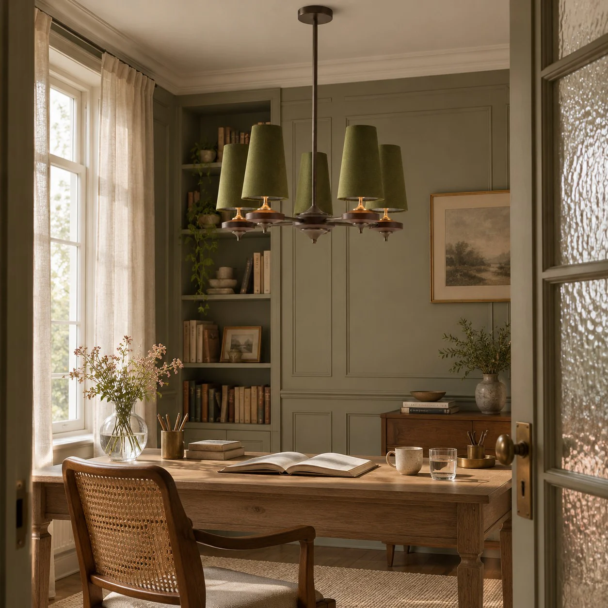 5-light Hour Rho chandelier in green velvet styled in a warm interior