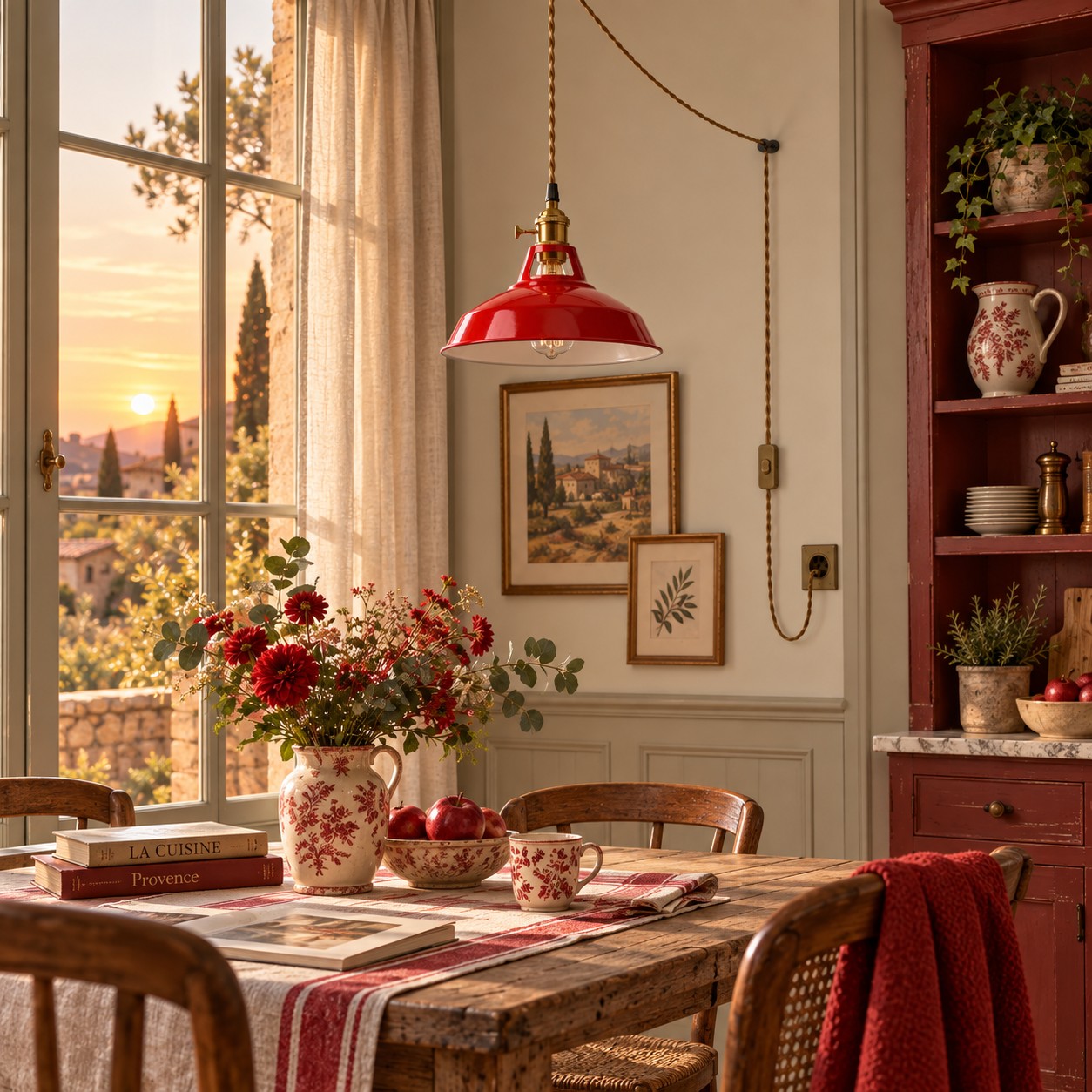 Red pendant in a country kitchen