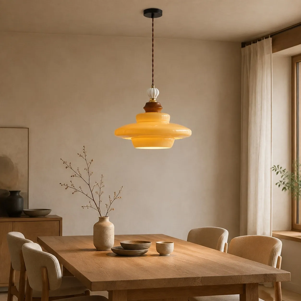 Caramel yellow glass pendant light above a dining table